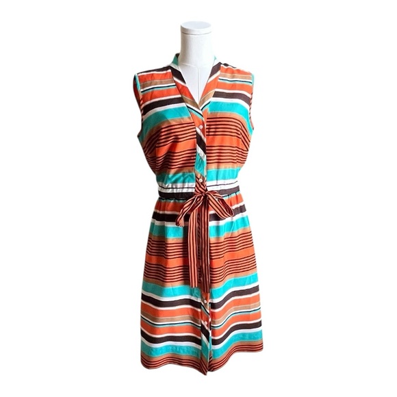 Alex‎ Marie Orange Multi Color Striped Belted Sleeveless Shirt Dress Size 6 - Picture 1 of 8